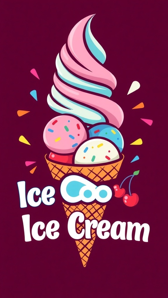 A colorful ice cream logo with scoops in a cone, sprinkles, and a playful font.